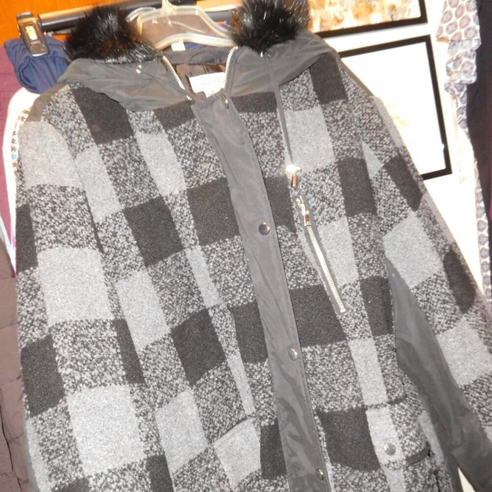 NWT 3x catherines gray block winter jacket hooded warm buffalo Plaid
